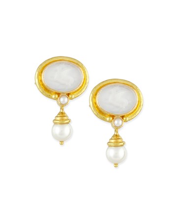 Pegasus Intaglio Clip/Post Earrings with Pearl Drop, White