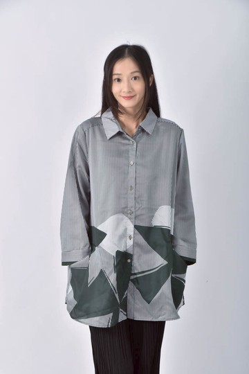 (L) keraia條紋排扣綠色襯衫上衣