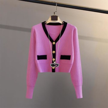 潮牌撞色小香風針織開衫女2024春秋v領拼色外搭短款高腰外套上衣
