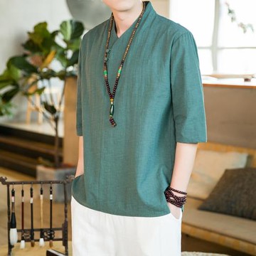 中國風男裝V領盤扣亞麻t恤男短袖古風漢服夏季薄款復古唐裝上衣服