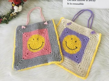 手作編織可愛雙面微笑小手提包/午餐包 小方包