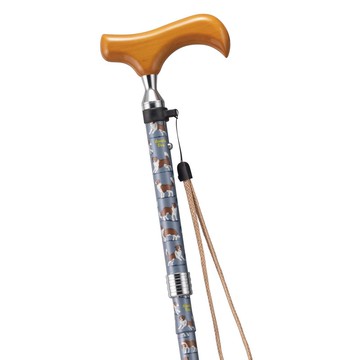 可愛狗狗圖案 摺疊鋁製手杖・灰色 75-85cm 纖細杖身 木質握把 掛繩 收納套