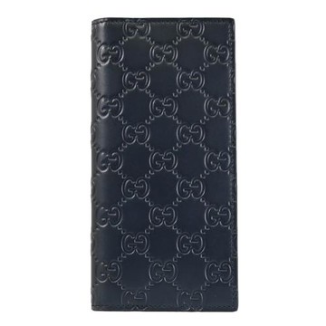 GUCCI 779828 GG LOGO質感壓花皮革對開多卡長夾.深藍