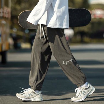 寬松束腳大碼刺繡秋裝休閑褲子