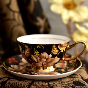 歐式復古咖啡杯碟套裝黑色創意咖啡套具描金英式骨瓷下午茶杯家用