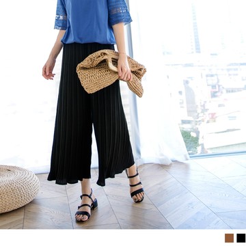 純色百褶飄逸厚雪紡飄逸寬褲