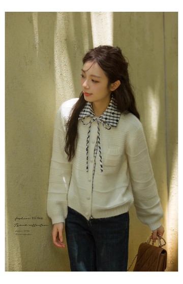 撞色領毛衣外套／可拆領格紋毛織開衫上衣－【350610】