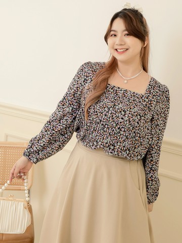 雲朵自訂款-小V臉．方領百褶拋袖碎花雪紡上衣