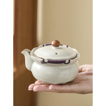 米黃汝窯手抓壺開片防燙家用功夫茶具簡約單壺辦公室客廳陶瓷茶壺