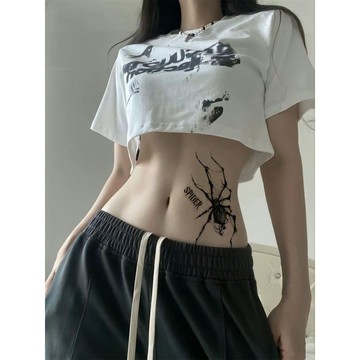 【修身顯瘦】美式正肩短袖T恤女 甜辣風 高腰短款上衣 歐美甜辣高腰短款T恤 夏季oversize寬鬆顯瘦 純欲風 短板上