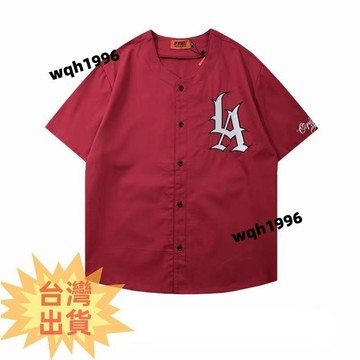 免運✨美式棒球外套棒球服短袖男女繡花LA字母寬鬆嘻哈街舞球衣襯衫街頭潮牌襯衫