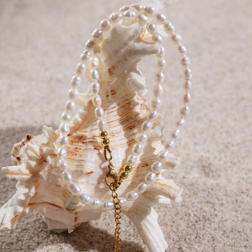 4–5mm 天然白色米型巴洛克淡水珍珠項鍊 配金色延長鏈 紀念日禮