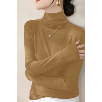 時尚羊毛顯瘦芥黃色修身針織衫上衣冬季堆堆高領套頭打底女裝內搭