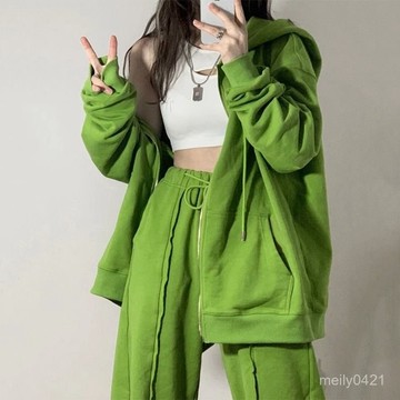 慵懶風衛衣套裝胖mm大碼春秋款雙拉鏈衛衣外套休閒闊腿衛褲兩件套
