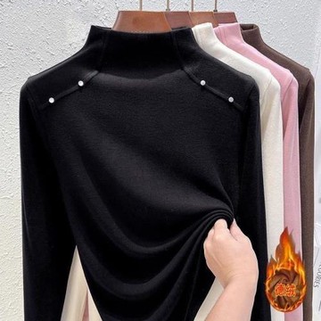 (免運)咖色半高領德絨打底衫女秋冬美拉德保暖加絨加厚小香風內搭洋氣