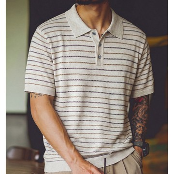 Wuluwear 夏季新款美式撞色條紋針織polo衫男寬鬆老錢風通勤肌理感透氣短袖