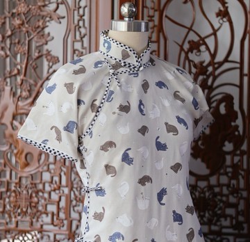 【豆米乳】民國復古風 貓貓印花/全開襟旗袍