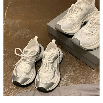 真皮單網面老爹鞋女2024春夏新款真皮做舊運動小白鞋厚底跑步鞋