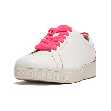 FitFlop RALLY NEON POP LEATHER SNEAKERS 螢光撞色繫帶休閒鞋-女(都會白/螢光粉)