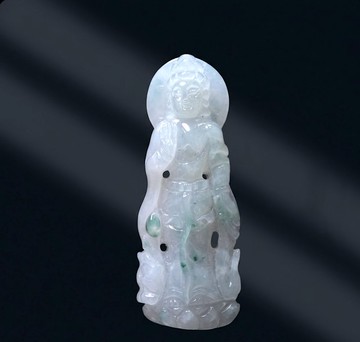 冰種飄花翡翠精雕站蓮觀音菩薩 | 天然緬甸玉翡翠A貨 | 送禮