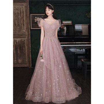 泡泡袖晚禮服女2025新款氣質粉色仙女森系派對宴會主持藝考禮服裙