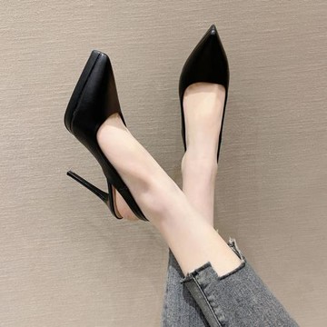 尖頭防水臺包頭涼鞋后空后絆帶細跟高跟鞋女百搭氣質黑色職業單鞋