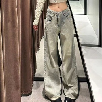 台灣出貨 美式休閒復古做舊淺色直筒牛仔褲女高腰垂感顯瘦闊腿拖地長褲 牛仔褲女 女生褲子 顯瘦牛仔褲 韓版牛仔褲