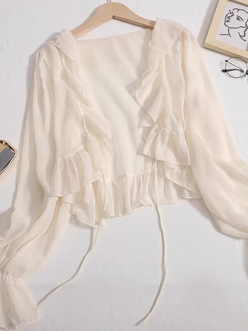 💕甜心大尺碼💕大尺碼罩衫 荷葉邊雪紡防曬開衫薄款女配吊帶裙外搭罩衫新款夏披肩冰絲小坎肩