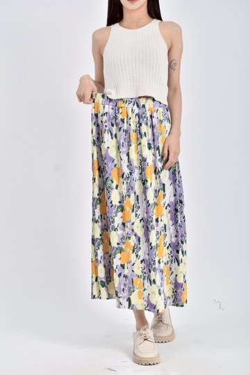 (S) vv double質感鬆緊腰多摺花紋紫色長裙