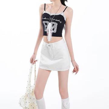 胖胖美依半身裙 熱裙 牛仔裙S-2XL休閒辣妹學院風高腰牛仔短裙春夏季顯瘦顯高a字包臀半身裙-7990.