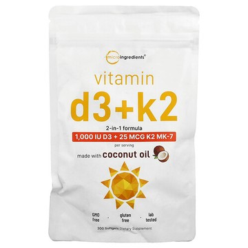 Micro Ingredients, 維生素 D3 + K2，300 粒軟膠囊