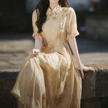 【巴黎精品】現貨+預購 女新中式旗袍連身裙改良旗袍A字裙長裙大碼洋裝休閒大尺碼女裝-亞麻天絲印花a1gp19