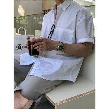 高級感輕熟風短袖襯衫夏季薄款韓版潮流純色雅痞男士半袖襯衣外套