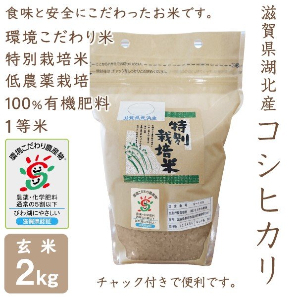 新米 低農薬 コシヒカリ 2kg 令和５年産 玄米 100％有機肥料 特別栽培米 滋賀県環境こだわり米