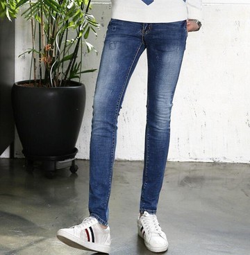 FINDSENSE Z1 韓國 時尚 潮 男 修身 藍色 磨白 小腳褲 九分褲 休閒長褲 學生牛仔褲