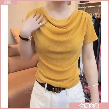 【2026夏季新款】堆堆領修身短袖T恤 女裝顯瘦遮肉減齡百搭上衣 簡約高檔