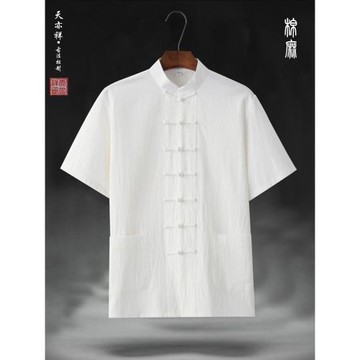 薄款棉麻國風短袖唐裝襯衫男女同款復古盤扣新中式居士漢服中山裝