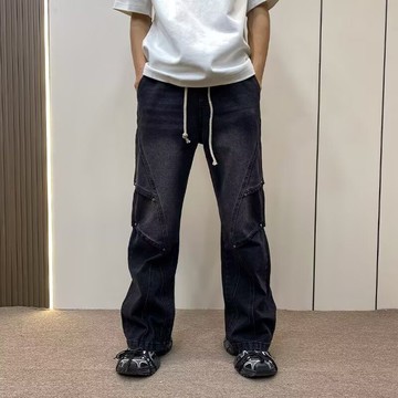 美式高街百搭休閒牛仔褲男秋冬高級感設計感工裝休閒褲男