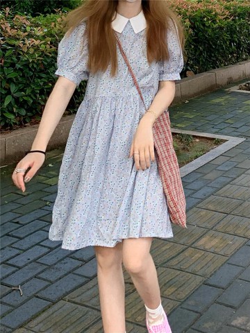 甜美娃娃領碎花短袖連衣裙女夏季年新款裙子韓版高腰顯瘦短裙