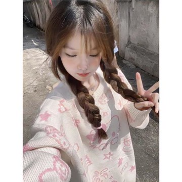 日系復古卡通凱蒂貓毛衣女秋冬寬松慵懶風高初中學生可愛針織上衣
