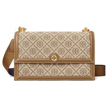 TORY BURCH - 緹花拼接皮革斜背包 (卡駝)