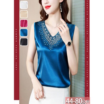 緞面上衣V領拼接蕾絲亮片(5色) M-4XL【547461W】【現+預】-流行前線-