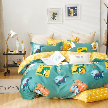 台灣製 精梳純棉 單人床包枕套兩件組-恐龍家族綠