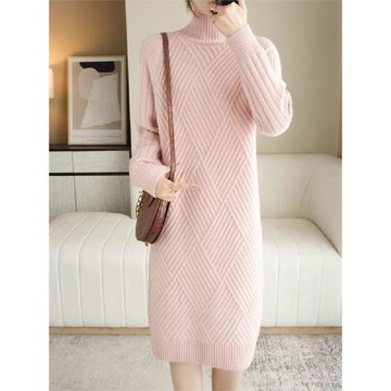 加絨加厚秋冬裝半高領針織毛衣女中長款2024新款韓版寬松毛衣裙潮
