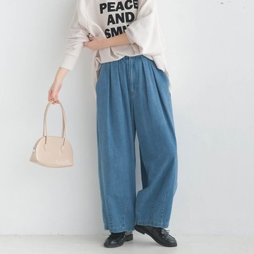 日本 OMNES - 繭形設計百搭修身寬褲-丹寧款-中藍