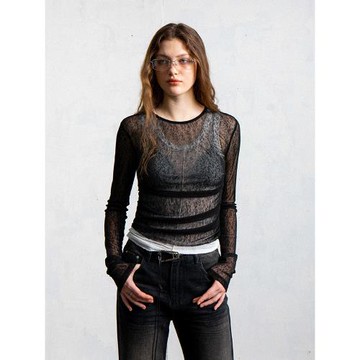 LEONSENSE力上司 透視感網紗圓領長袖修身疊穿層次感黑白色防曬衣