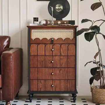 免運 開立發票 公司貨 法式復古實木藤編斗櫃中古風客廳收納儲物櫃茶水櫃餐邊櫃置物櫃 pyy8888