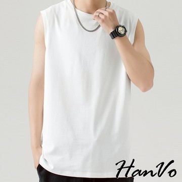 【HanVo】男款經典素色純棉無袖背心 透氣吸濕排汗圓領T 親膚舒適百搭短袖上衣 男生衣著 B01-1087