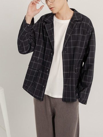 毛呢格紋口袋設計長袖襯衫