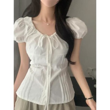 韓國chic夏季減齡復古小眾設計感氣質時尚系帶百搭短袖襯衫女上衣